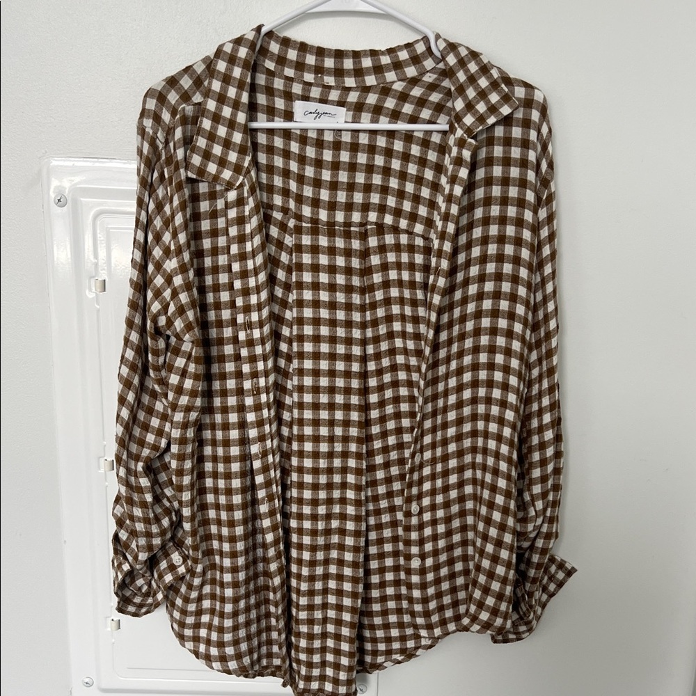 Carly Jean Los Angeles Brown and White Checkered Button Down Shirt